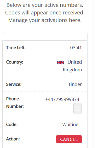 Generated Virtual Phone Number for SMS displayed on a screen, actively awaiting incoming SMS delivery for verification.