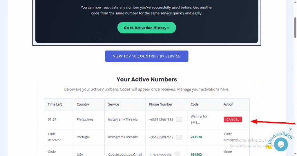 image of cancel button feature Legitsms.com