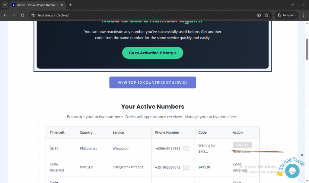 image of legitsms.com active page awaiting SMS