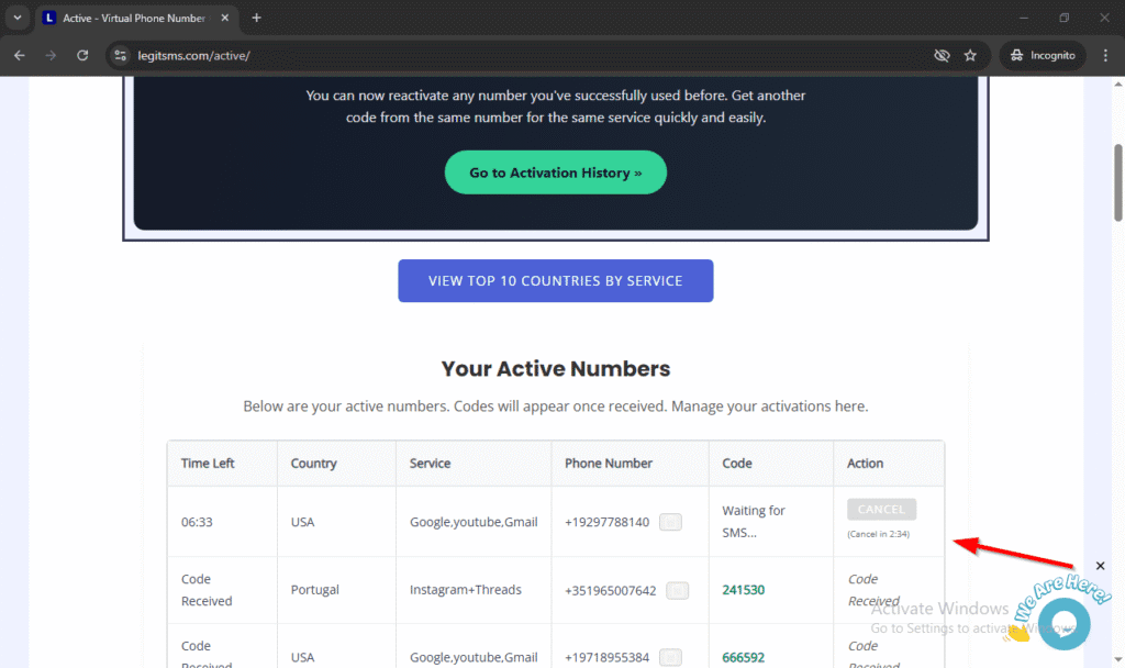 Image of legitsms.com active page awaiting Receive SMS for Gmail Verification
