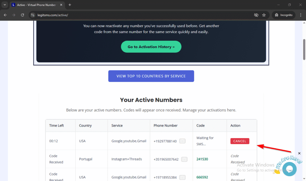 Image of legitsms.com active dashboard cancel button for receive SMS for Gmail verification