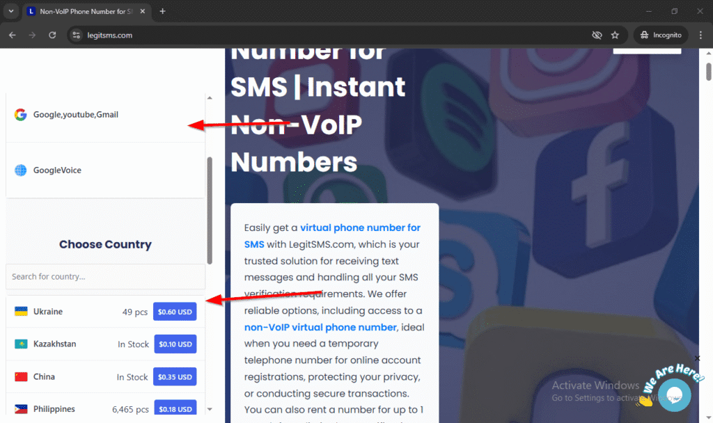 image of legitsms.com for receive SMS for gmail verification