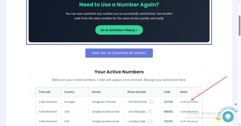 Screenshot of Active page of Legitsms.com with code received.