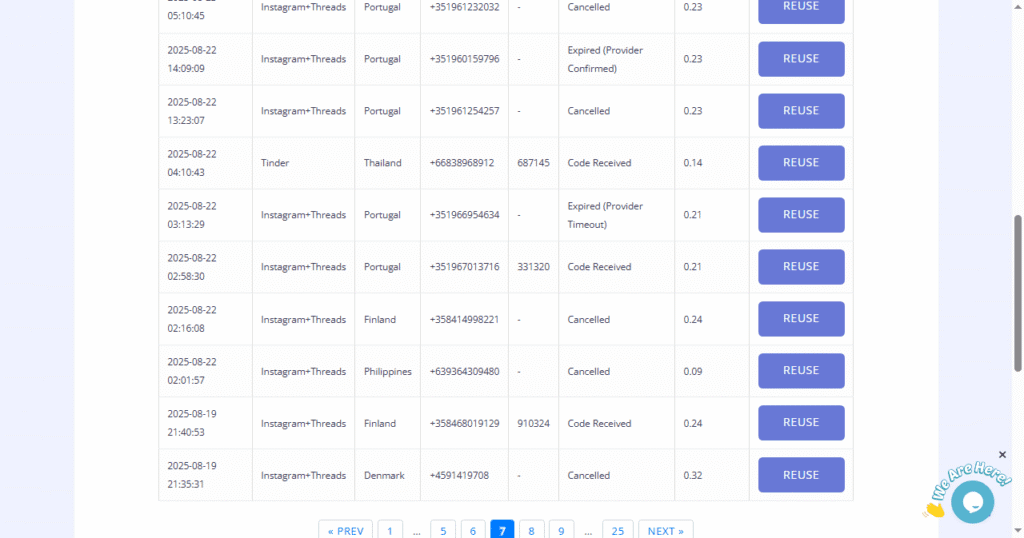Screenshot of Reuse Number feature of Legitsms.com