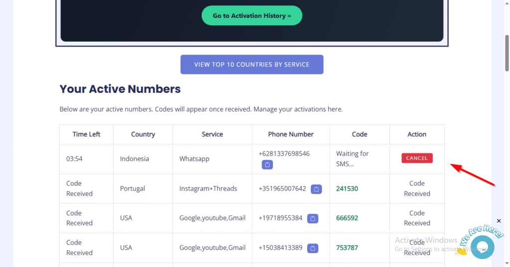image of legitsms.com cancel button, Temporary Number for WhatsApp