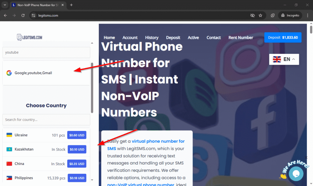 Image of legitsms.com homepage. How to Verify YouTube Channel Without Phone Number