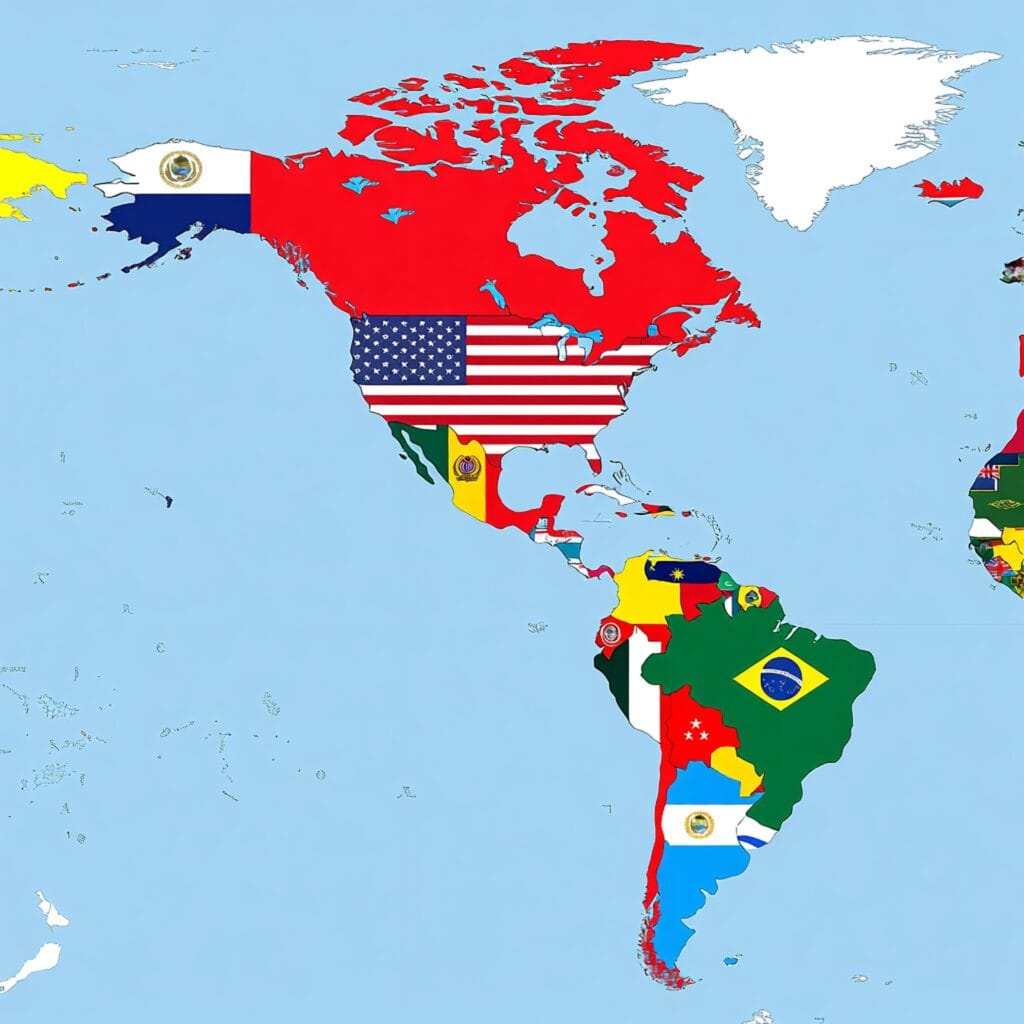 Map of the world with North American flags