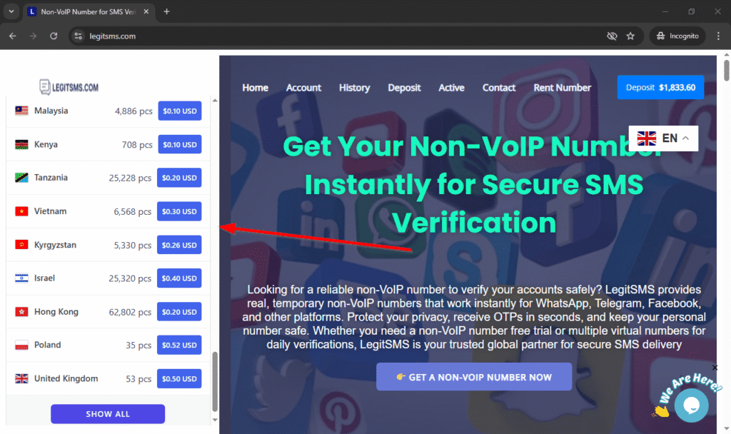Image of legitsms.com country list. Can't get your 6-digit code for Facebook? 