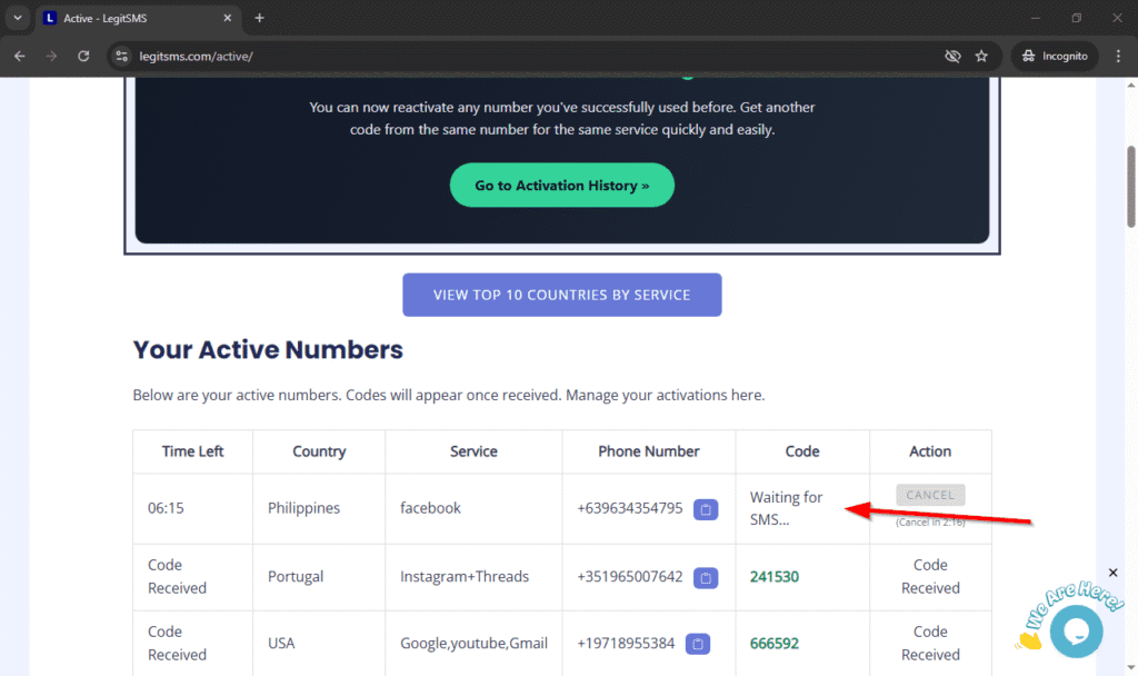 Image of legitsms.com waiting for a code. Can't get your 6-digit code for Facebook? 