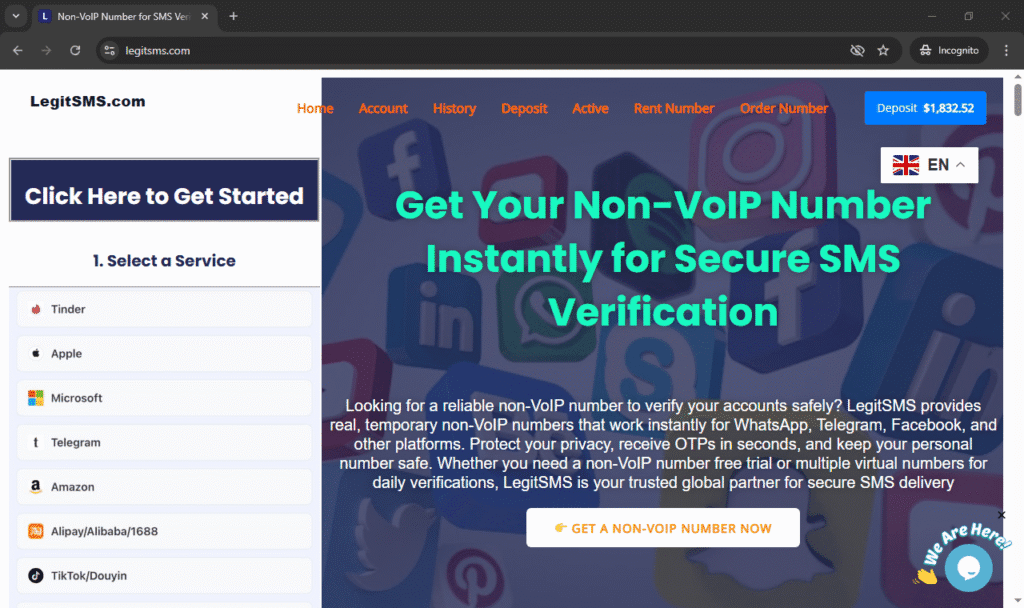 Homepage of legitsms.com, Get USA phone number free