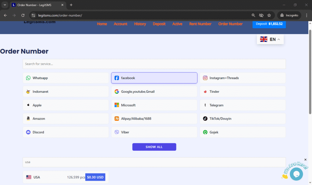 Order number page of legitsms.com. Get USA phone number free