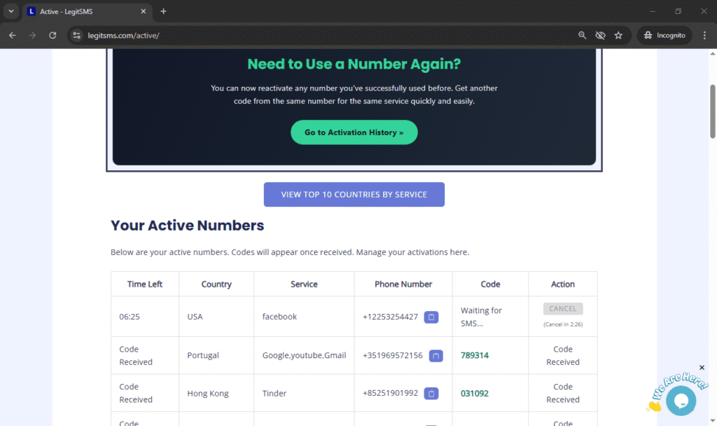 Active page of legitsms.com. Get USA phone number free