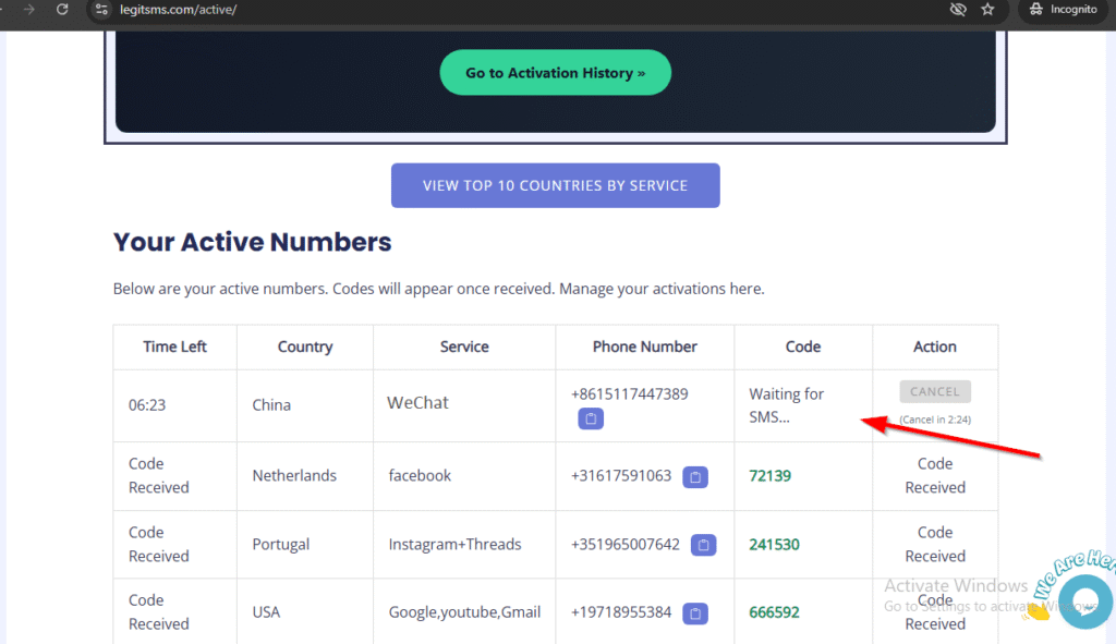 Legitsms.com active number page "how to get a chinese phone number for wechat"