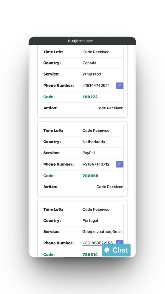 Screenshot image of Legitsms Active page