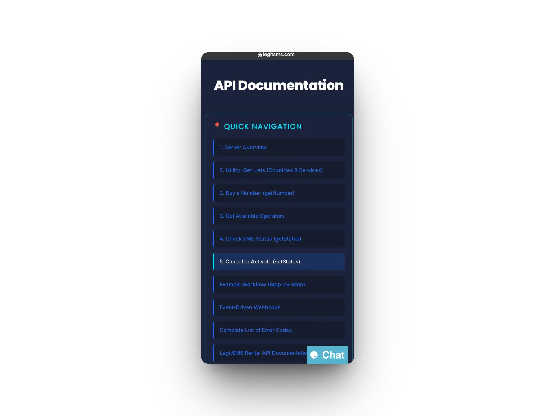 Screenshot of API documentation page of Legitsms