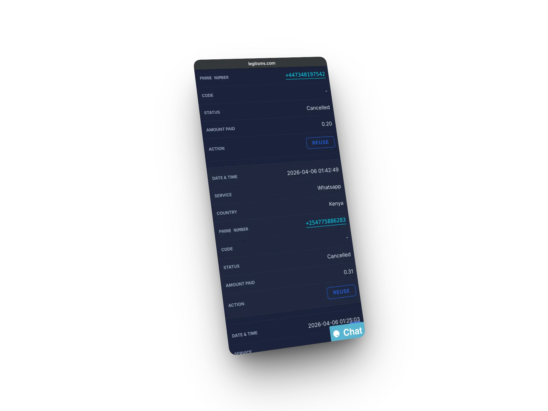 Image of LegitSMS history page for SMS verification