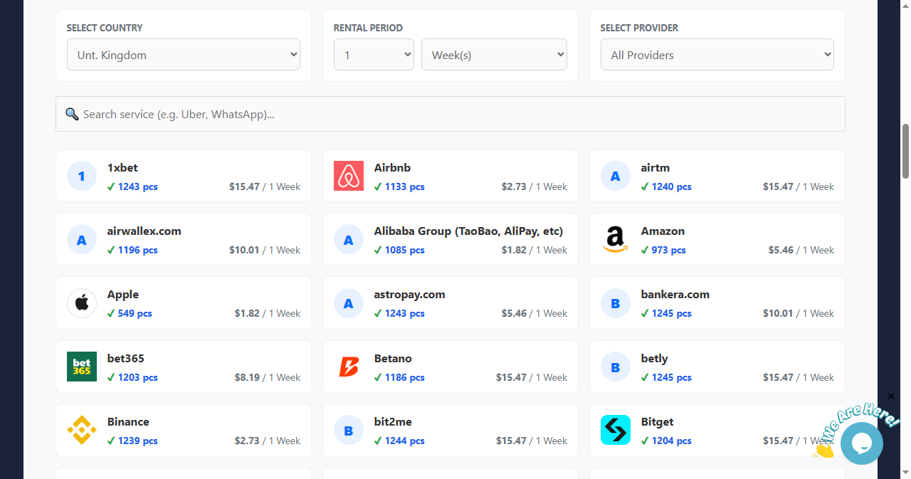 Dashboard interface showing long-term rental options from our phone number generator