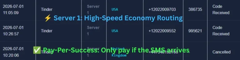 LegitSMS Server 1 dashboard generating high-speed economy temporary phone numbers for SMS verification