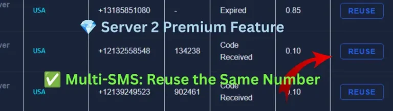 LegitSMS Server 2 premium dashboard showing how to buy phone numbers with multi-SMS reusability for secondary verification checks